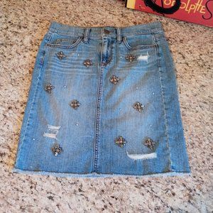 Ann Taylor LOFT Distressed Denim Skirt with Rhinestone Star Embellishments NWOT